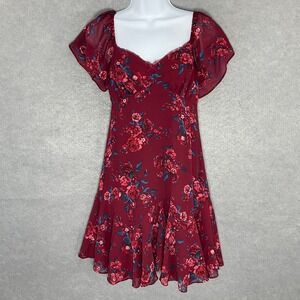Rewind Floral Mini Dress Sweetheart Sz S Neckline Flutter Sleeve Maroon Babydoll